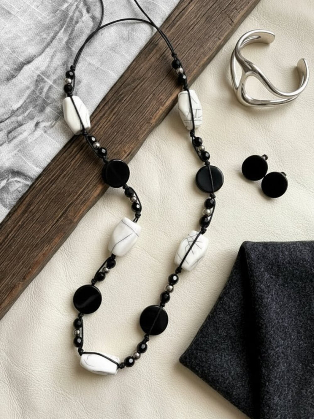 Black & White Chunky Long Statement Boho Style Beaded Necklace